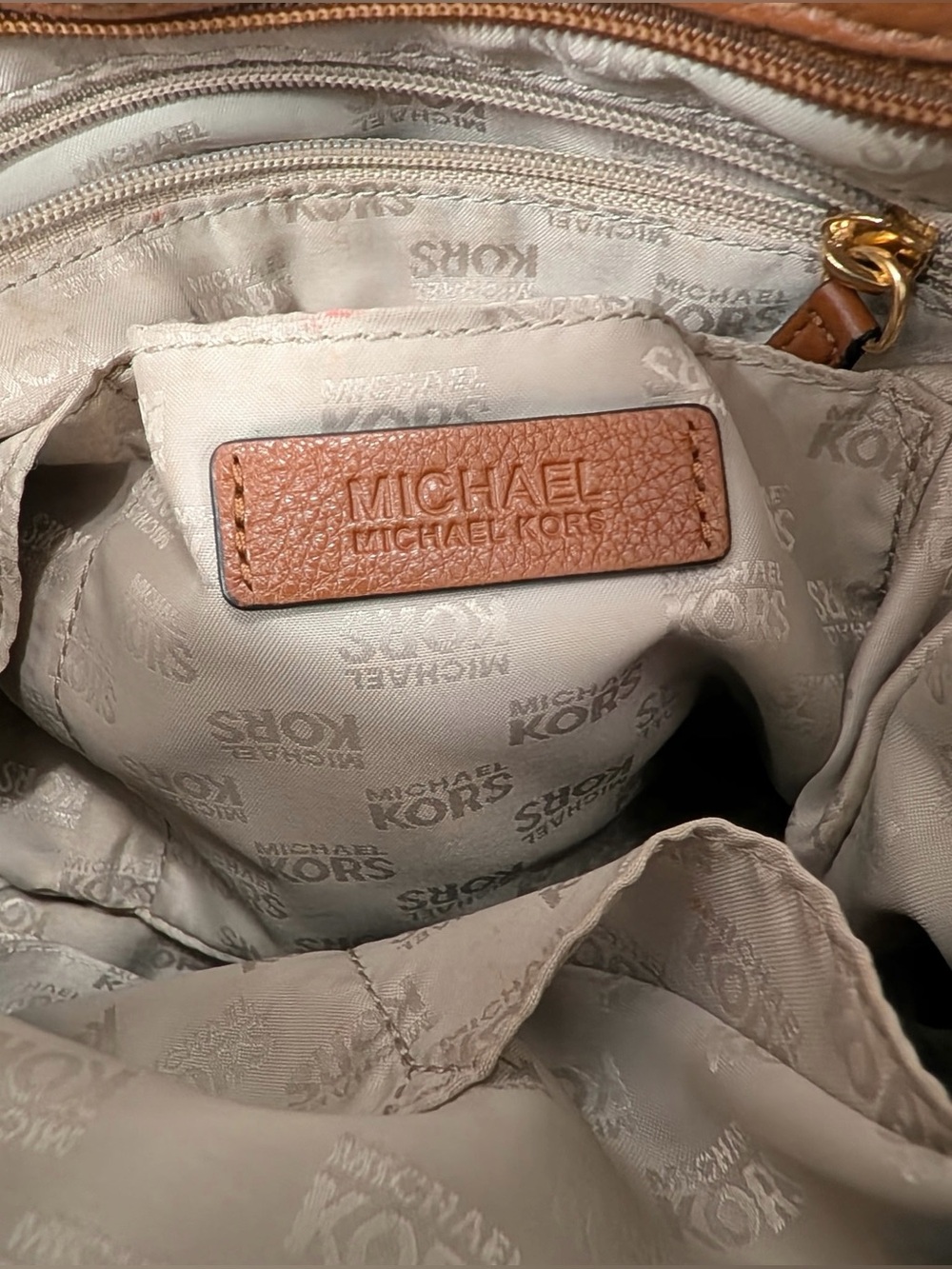 Michael Kors Cognac Pebbled Leather Crossbody Bag Gold MK Logo Adjustable Strap - Picture 8 of 9